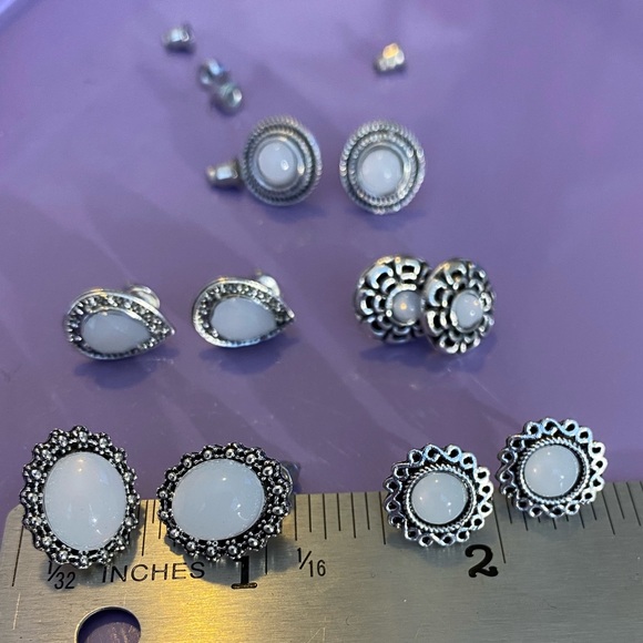 NEW!💙💎OPAL LOOK! ANTIQUE DESIGN!💎💙SET 5 PAIRS BEAUTIFUL SILVER LOOK EARRINGS - Picture 5 of 6